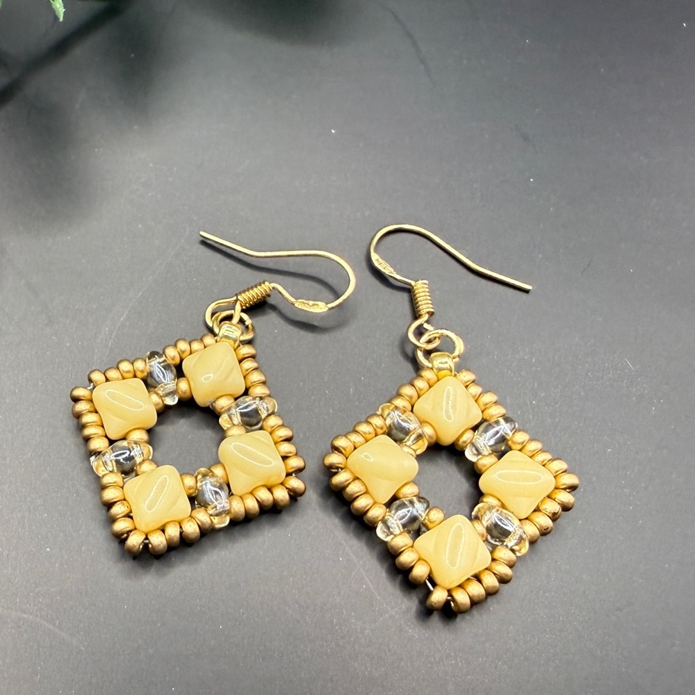 Yellow Beaded Square Drop Earrings